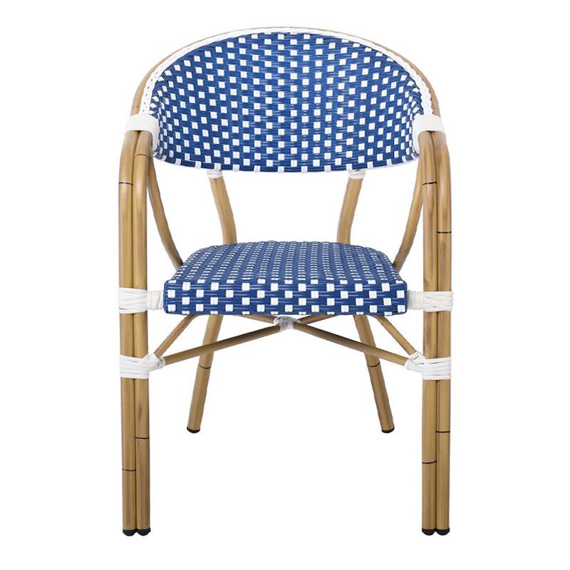 VEGERA Πολυθρόνα Dining Αλουμίνιο Φυσικό, Wicker Άσπρο - Μπλε, Στοιβαζόμενη