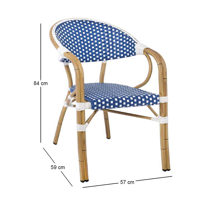 VEGERA Πολυθρόνα Dining Αλουμίνιο Φυσικό, Wicker Άσπρο - Μπλε, Στοιβαζόμενη