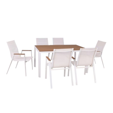 VIRNA Set (Table 150x90cm+6 Armchairs) Metal White/Polywood Natural