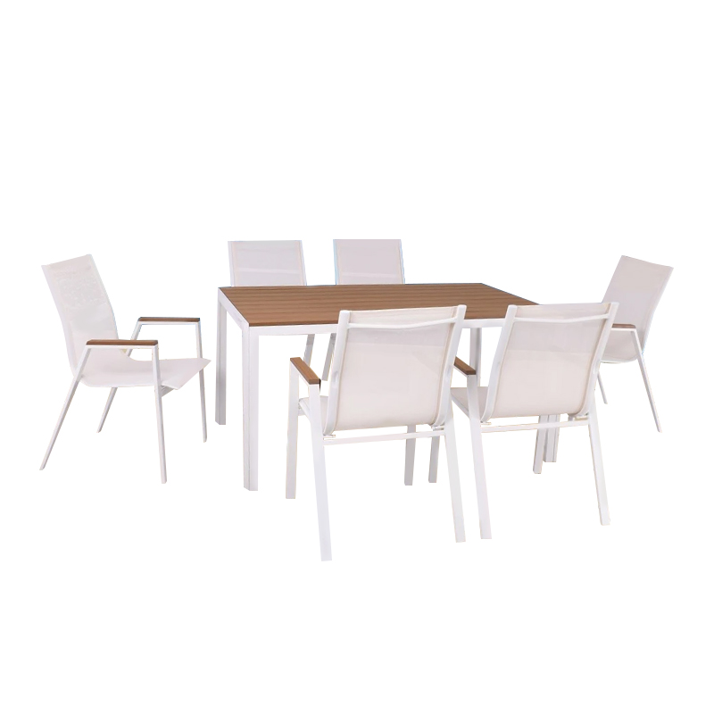 VIRNA Set (Table 150x90cm+6 Armchairs) Metal White/Polywood Natural