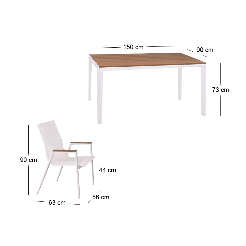VIRNA Set (Table 150x90cm+6 Armchairs) Metal White/Polywood Natural