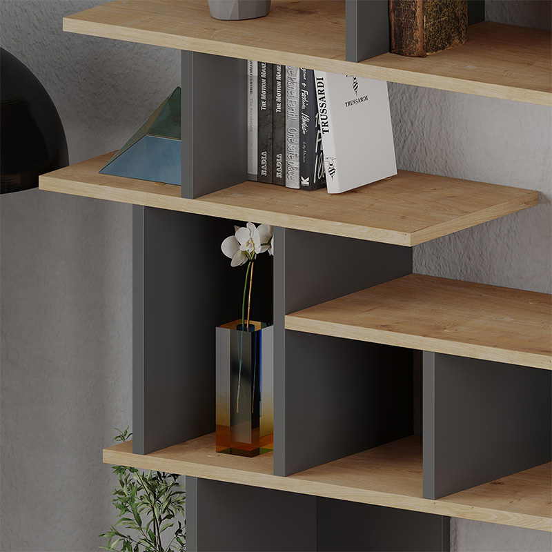Apollon Megapap melamine bookcase in oak- anthracite color 120x29,2x149cm.