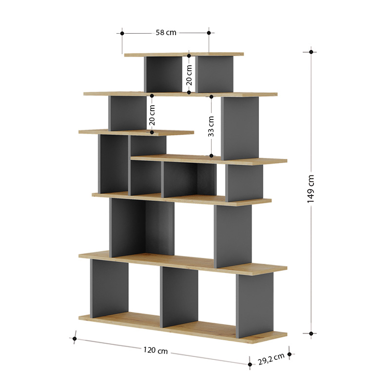Apollon Megapap melamine bookcase in oak- anthracite color 120x29,2x149cm.