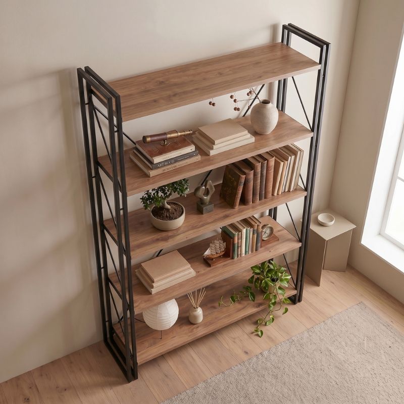 Atlas Megapap metal - melamine bookcase color atlantic pine - black 130x35x180cm.