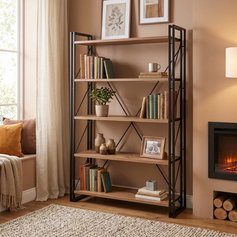 Atlas Megapap metal - melamine bookcase color atlantic pine - black 130x35x180cm.
