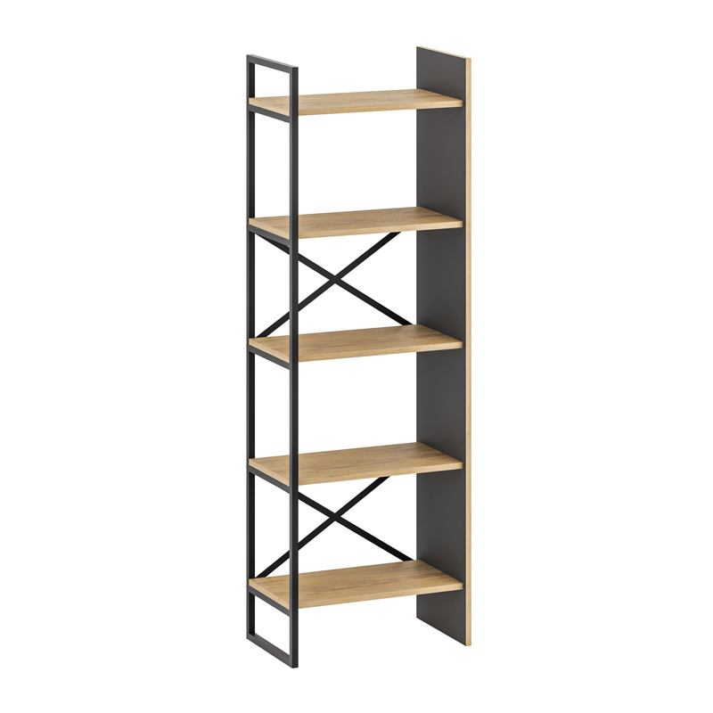 Detroit Megapap melamine bookcase in silky black - sapphire oak color 58x35.2x175cm.