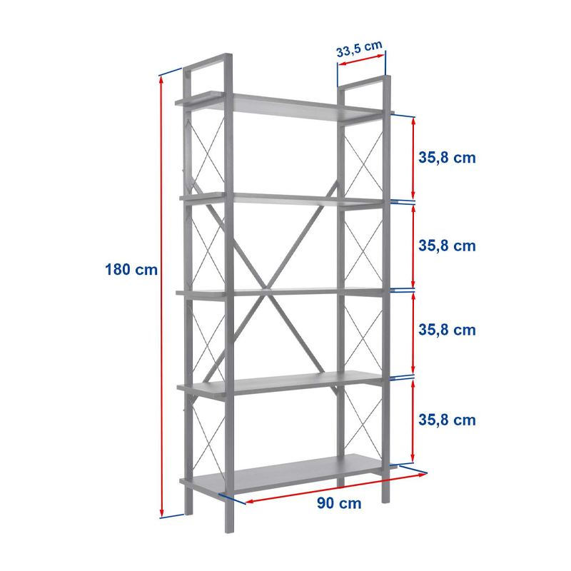 Elysian Megapap melamine - metal bookcase in black color 90x33.5x180cm.