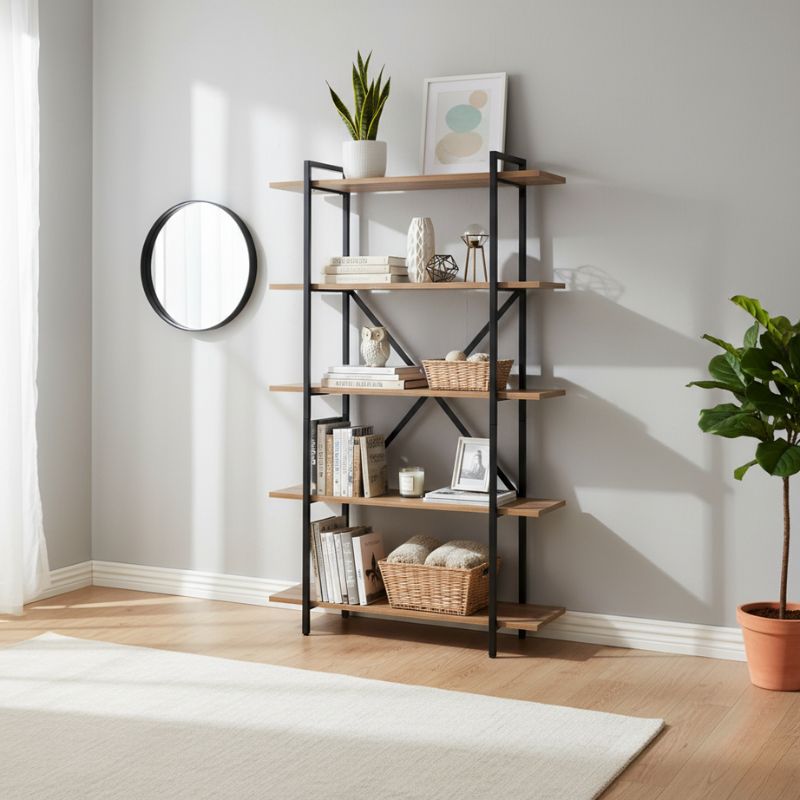 Ernesto Megapap metal - melamine bookcase in black - smoked walnut color 90x35.5x160cm.