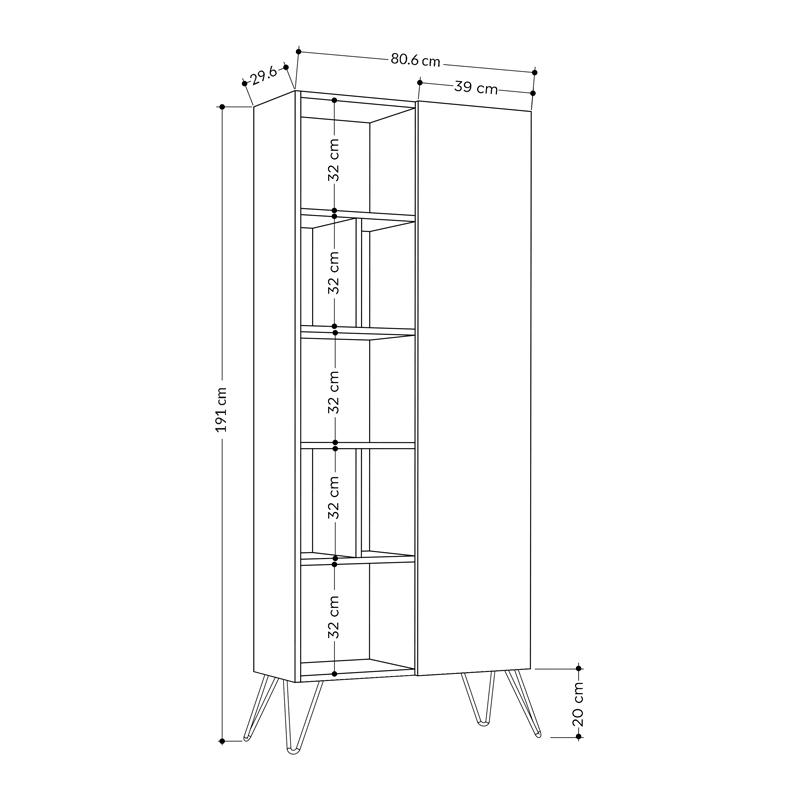 Jedda Megapaπ melamine bookcase in white - oak color 80,6x29,6x191cm.