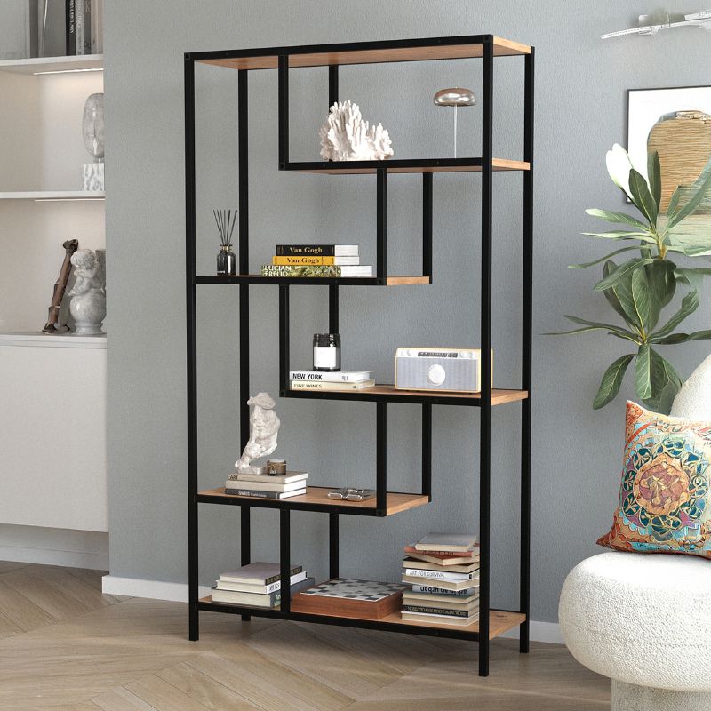 Larissa Megapap melamine - metal bookshelf in black - pine oak color 90x30x159cm.