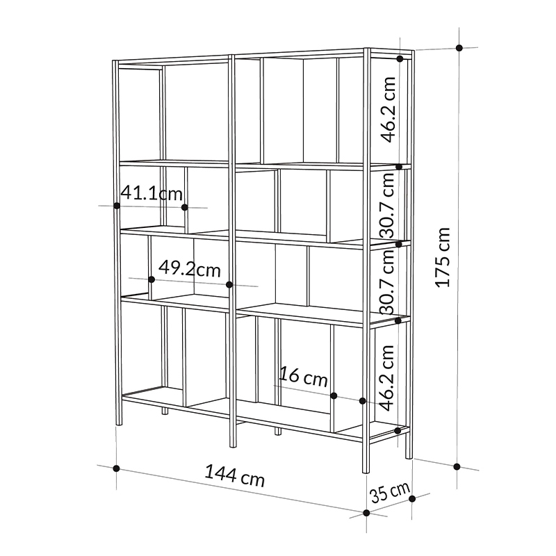 Maxi Megapap melamine bookcase in silky black - sapphire oak color 144x35x175cm.