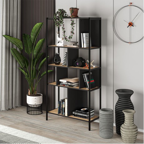 Βιβλιοθήκη Midi Megapap χρώμα sapphire oak - silky black 88x35x175εκ.