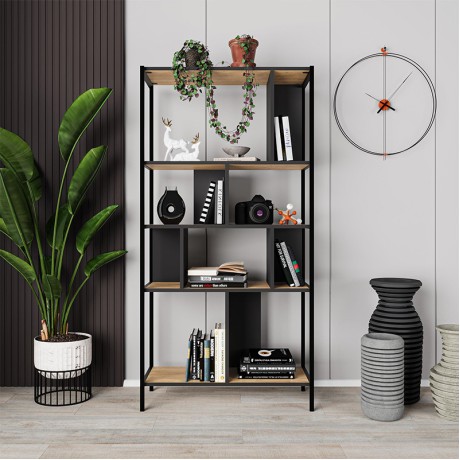 Βιβλιοθήκη Midi Megapap χρώμα sapphire oak - silky black 88x35x175εκ.
