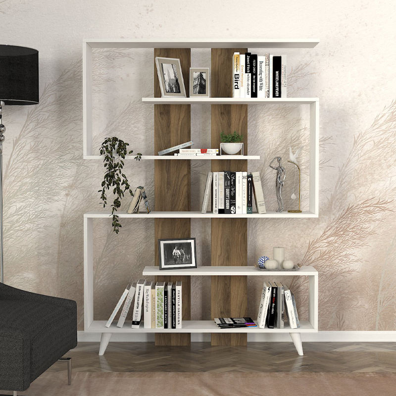 Rain Megapap melamine bookcase in white - walnut color 120x19,5x162cm.