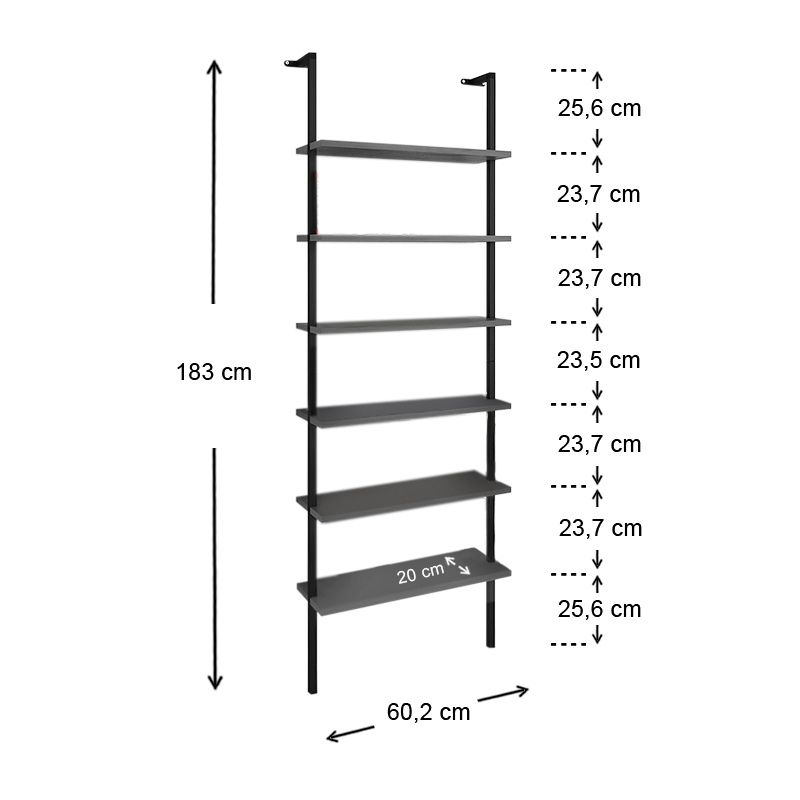 Madison Megapap metal - melamine wall bookcase in black - anthracite color 60x20x183cm.