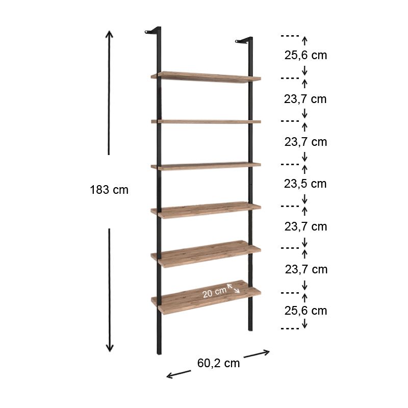 Madison Megapap metal - melamine wall bookcase in black - pine oak color 60x20x183cm.