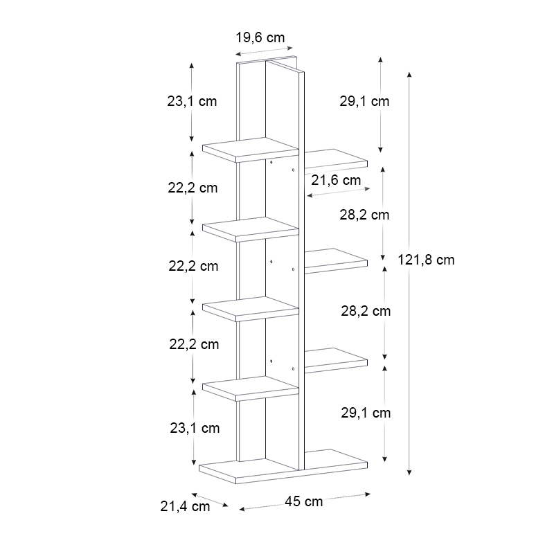 Tree Megapap melamine bookcase in sapphire oak color 45x21,4x121,8cm.