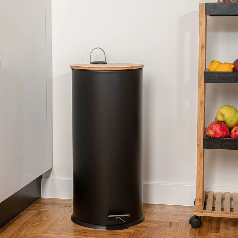 KITCHEN TRASH CAN SOFT CLOSE BAMBOO ESSENTIALS 30lt MATTE BLACK