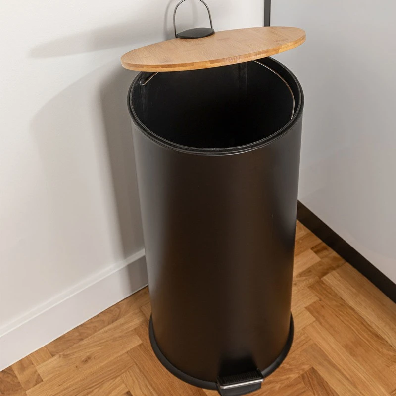 KITCHEN TRASH CAN SOFT CLOSE BAMBOO ESSENTIALS 30lt MATTE BLACK