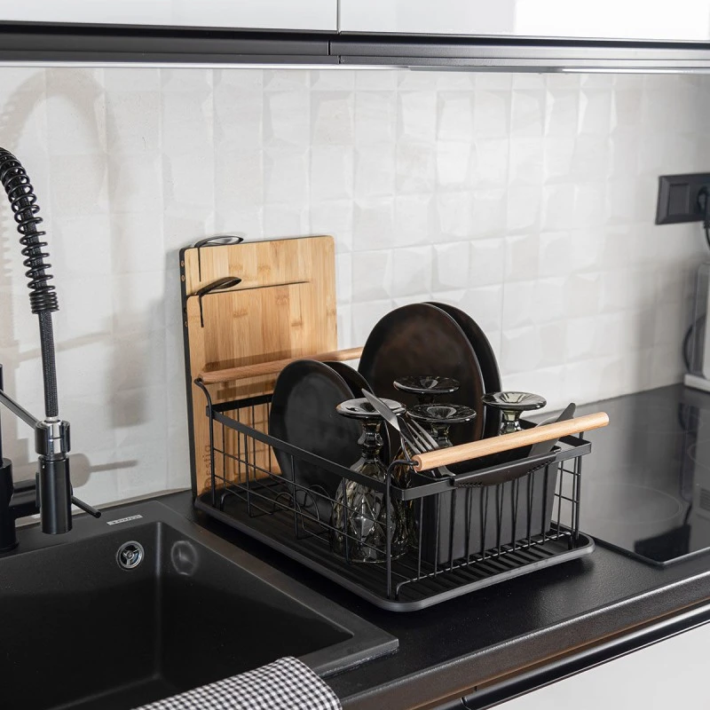 DISH RACK BAMBOO ESSENTIALS METALLIC WITH HANDLES 44x32x20cm BLACK