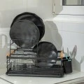DISH RACK 2-TIER METALLIC BLACK WITH BAMBOO HANDLES