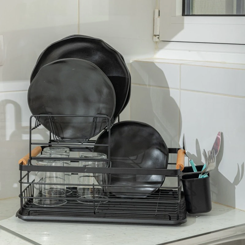 DISH RACK 2-TIER METALLIC BLACK WITH BAMBOO HANDLES