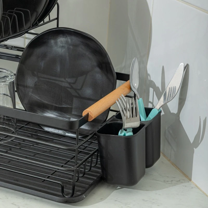 DISH RACK 2-TIER METALLIC BLACK WITH BAMBOO HANDLES