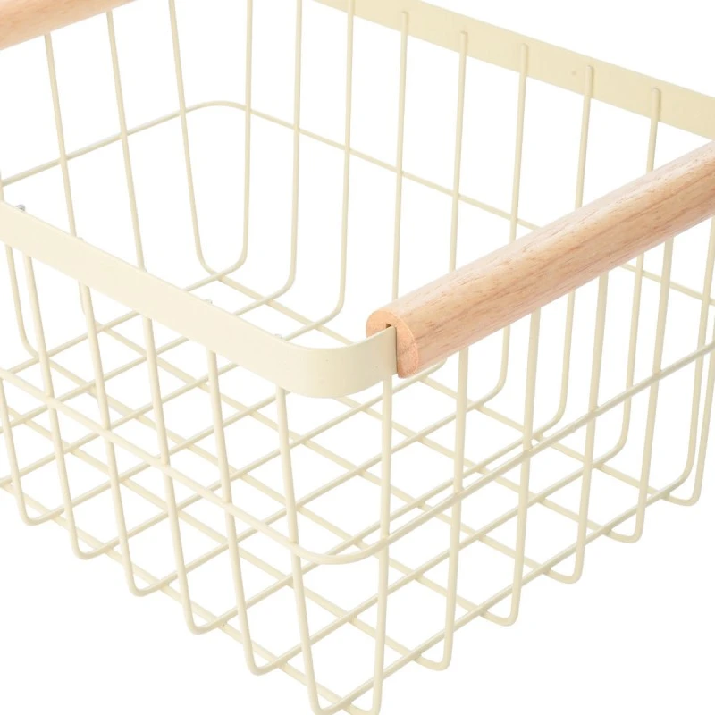 STORAGE BASKET ALLURE METALLIC WITH WOODEN HANDLES 33X22X15 IVORY