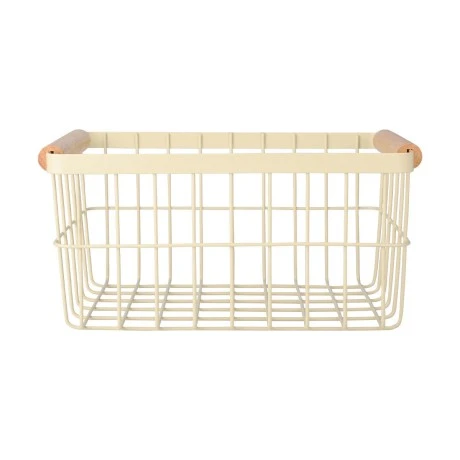 STORAGE BASKET ALLURE METALLIC WITH WOODEN HANDLES 28X20X14 IVORY