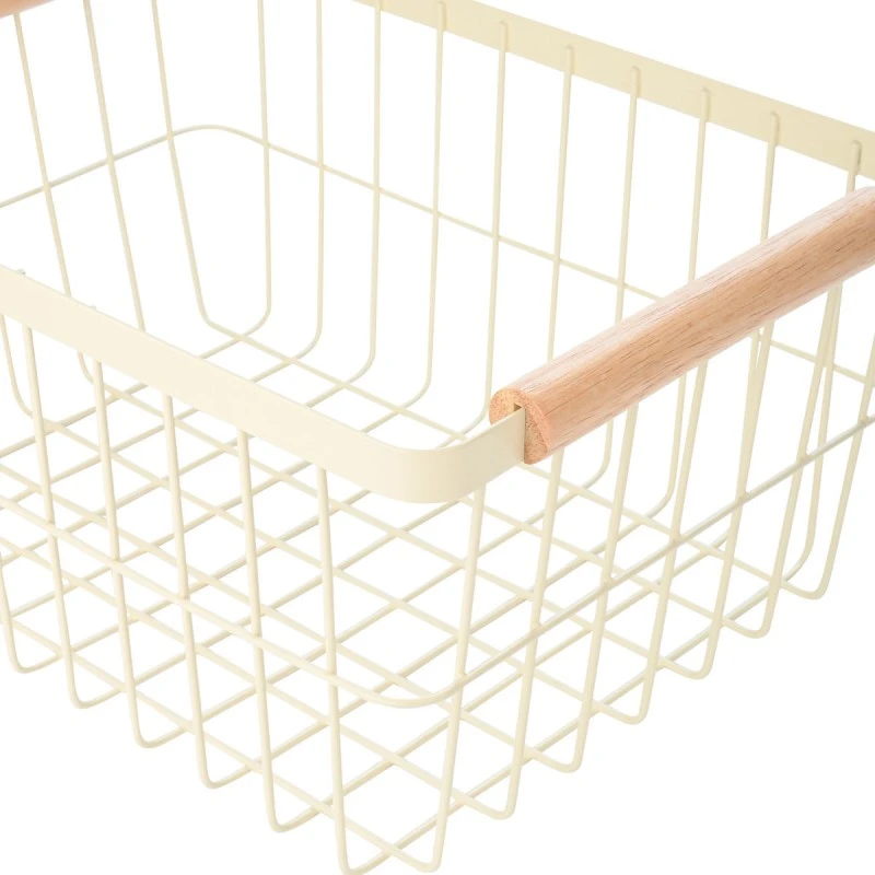 STORAGE BASKET ALLURE METALLIC WITH WOODEN HANDLES 28X20X14 IVORY