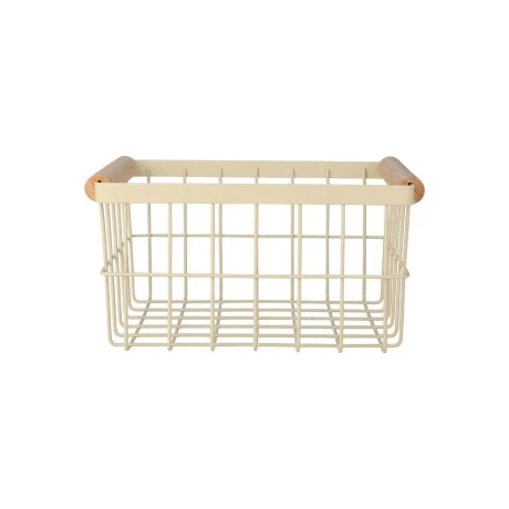 STORAGE BASKET ALLURE METALLIC WITH WOODEN HANDLES 24X18X13 IVORY