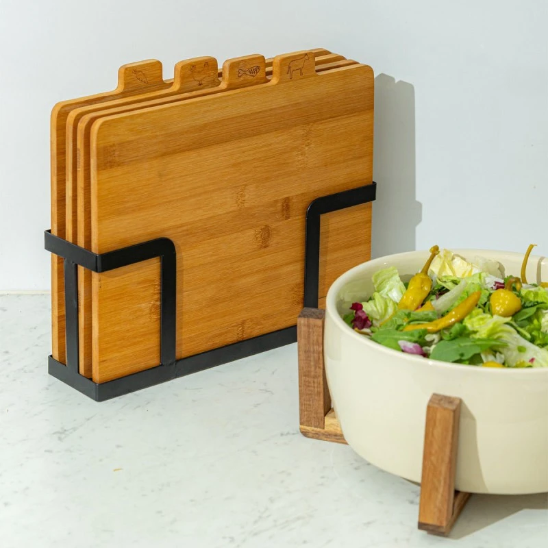 CUTTING BOARD SET BAMBOO ESSENTIALS 5 PCS WITH METAL BASE BLACK