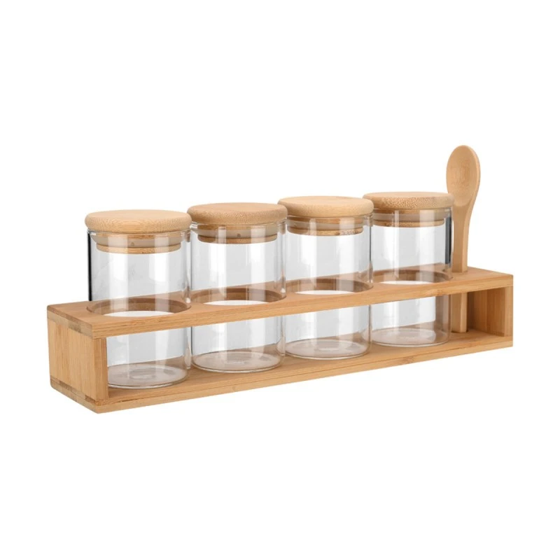 SPICE CONTAINERS BAMBOO ESSENTIALS SET OF 5 PCS WITH BAMBOO BASE AND SPOON