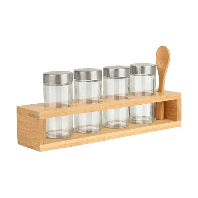 SPICE CONTAINERS BAMBOO ESSENTIALS SET OF 4 PCS WITH METAL LID &amp; BAMBOO BASE WITH SPOON