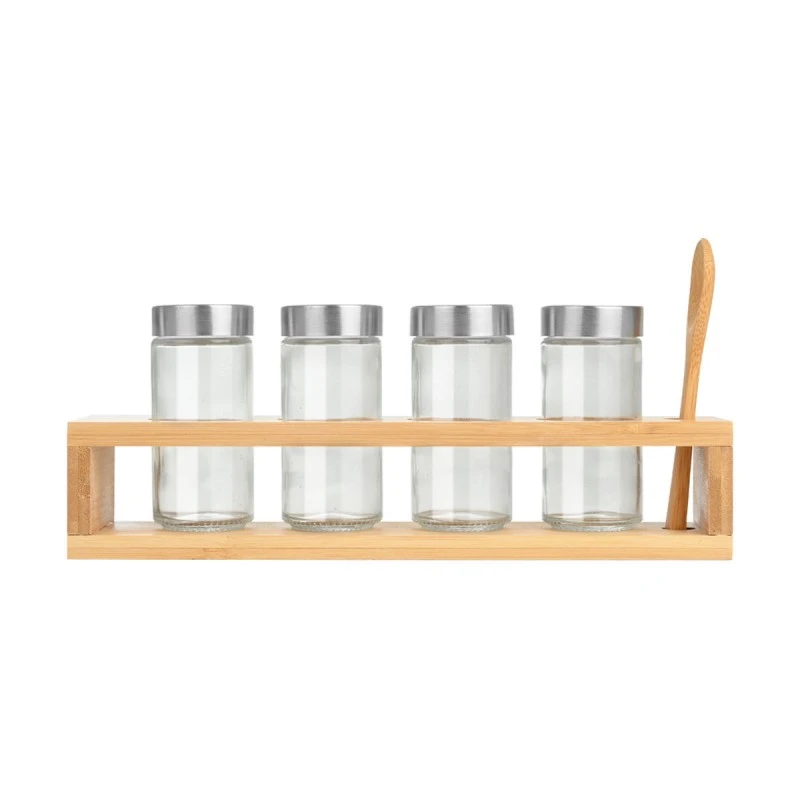 SPICE CONTAINERS BAMBOO ESSENTIALS SET OF 4 PCS WITH METAL LID &amp; BAMBOO BASE WITH SPOON