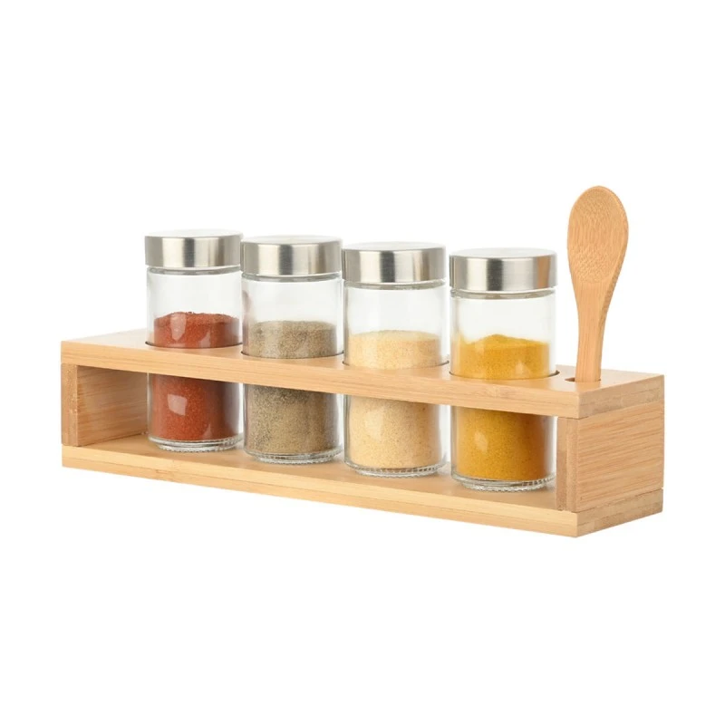 SPICE CONTAINERS BAMBOO ESSENTIALS SET OF 4 PCS WITH METAL LID &amp; BAMBOO BASE WITH SPOON