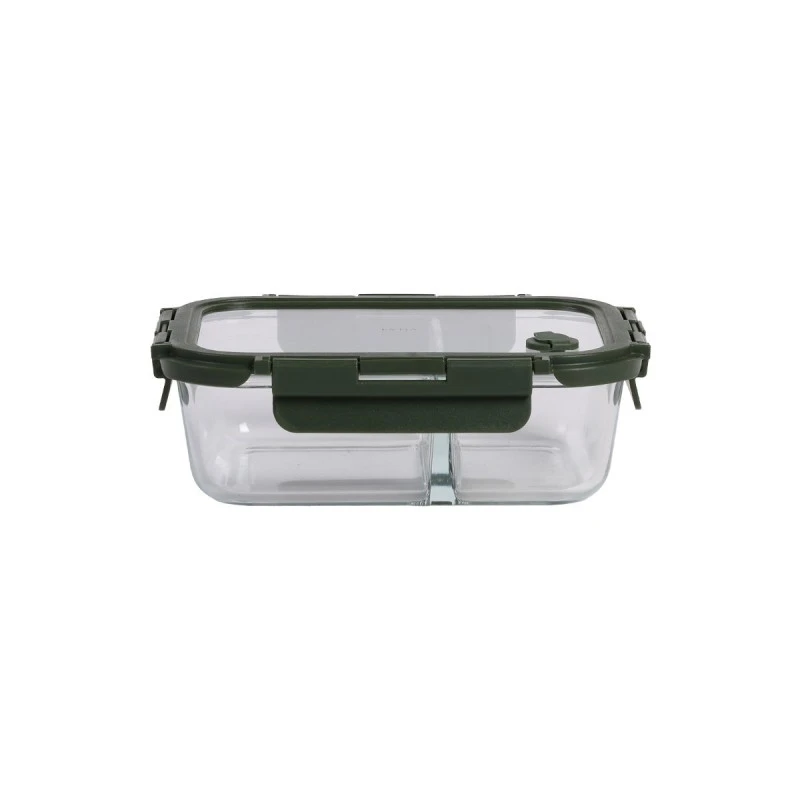 LUNCH BOX GLASS CLICK &amp; SEAL 2 TIERS WITH SILICON AIR-VENT 1030ml OLIVE