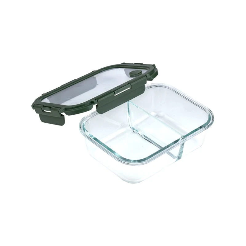 LUNCH BOX GLASS CLICK &amp; SEAL 2 TIERS WITH SILICON AIR-VENT 1030ml OLIVE