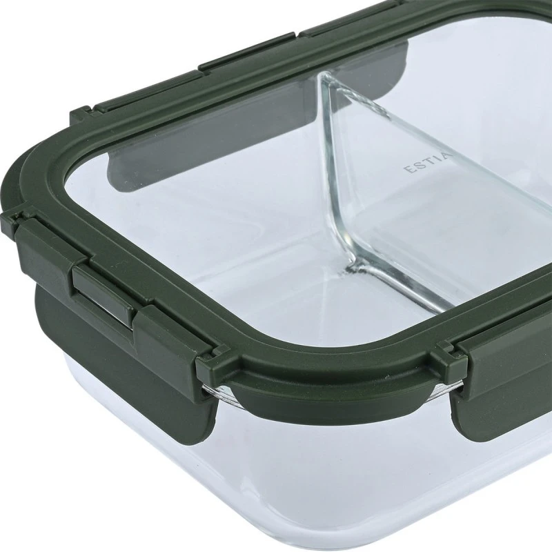LUNCH BOX GLASS CLICK &amp; SEAL 2 TIERS WITH SILICON AIR-VENT 1030ml OLIVE