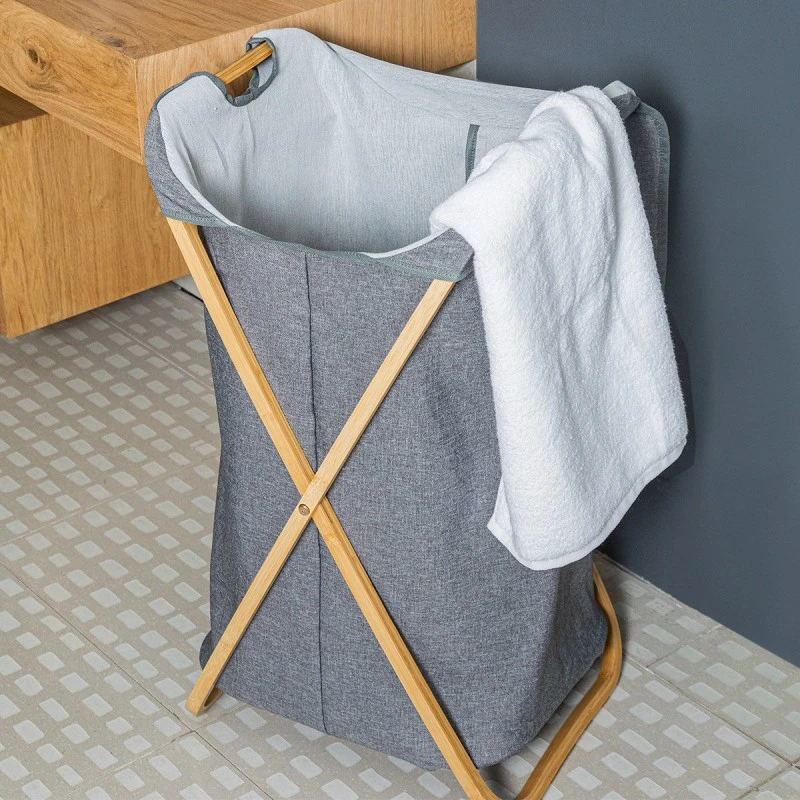 LAUDRY BASKET BAMBOO ESSENTIALS  40x40x70cm FOLDABLE WITH POLYESTER BAG GREY