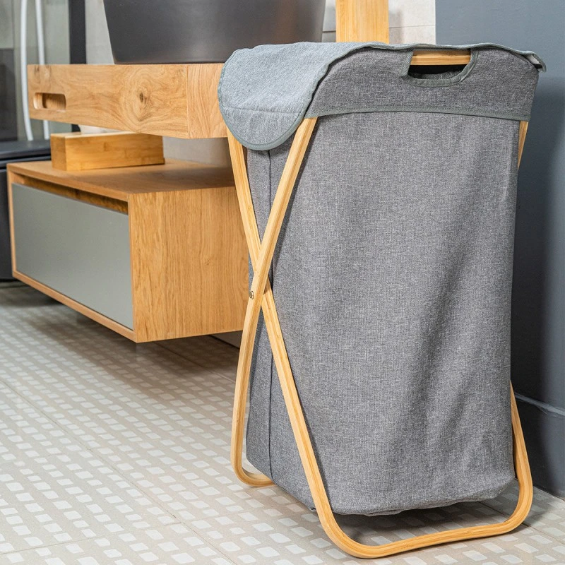 LAUDRY BASKET BAMBOO ESSENTIALS  40x40x70cm FOLDABLE WITH POLYESTER BAG GREY