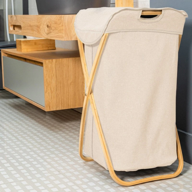 LAUNDRY BASKET BAMBOO ESSENTIALS 40x40x70cm FOLDABLE WITH CASE BEIGE