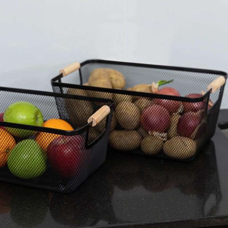 STORAGE BASKET METALLIC WITH WOODEN HANDLES 30x21x14cm BLACK