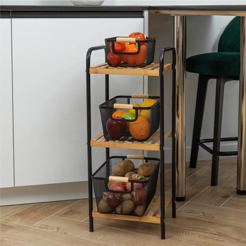 STORAGE BASKET METALLIC WITH WOODEN HANDLES 30x21x14cm BLACK