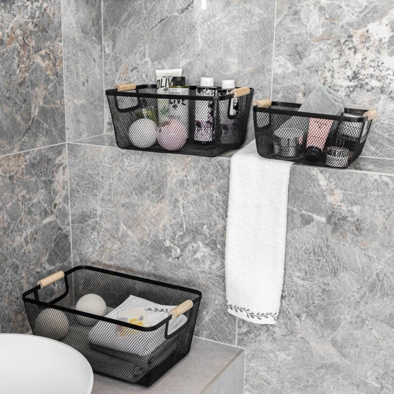 STORAGE BASKET METALLIC WITH WOODEN HANDLES 30x21x14cm BLACK