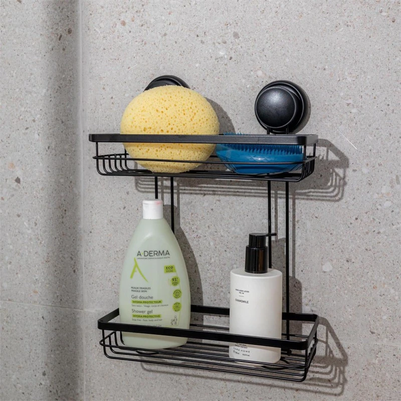 BATHROOM SHELVES WITH SUCTION CUP 2-TIER BLACK
