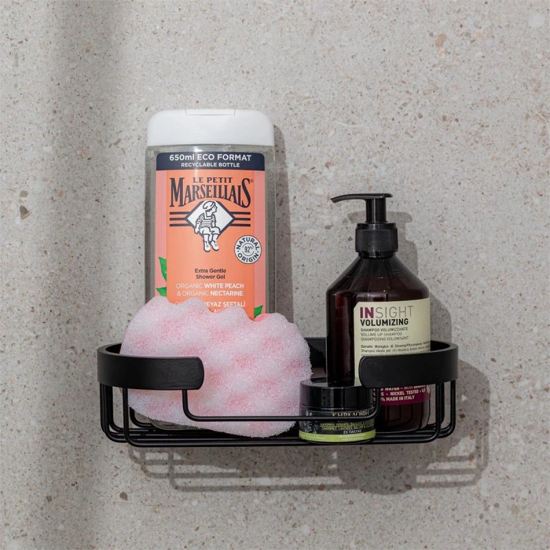 BATHROOM SHELVES STANCE WITH DOUBLE SIDED STICKER 25x13x6.5cm BLACK