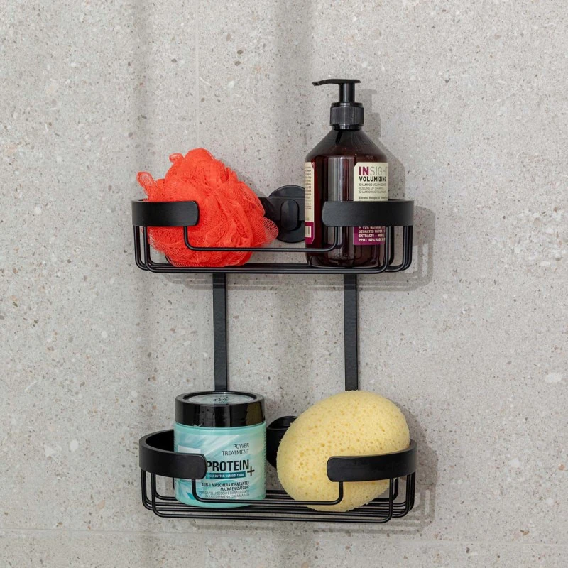 BATHROOM SHELVES STANCE WITH DOUBLE SIDED STICKER 2-TIER 25x13x28.5cm BLACK