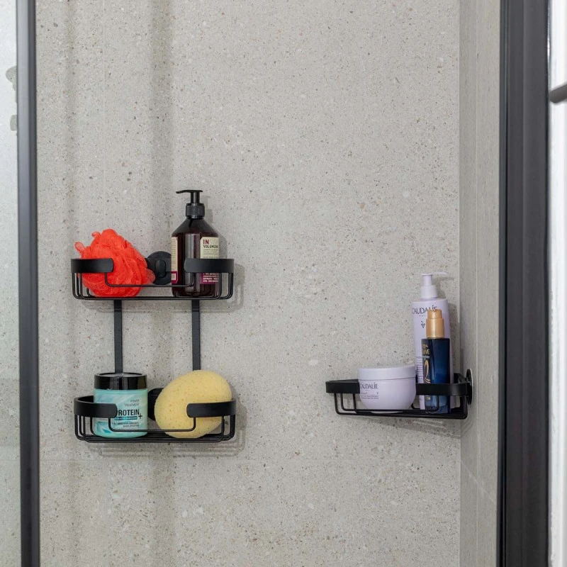 BATHROOM SHELVES STANCE WITH DOUBLE SIDED STICKER 2-TIER 25x13x28.5cm BLACK