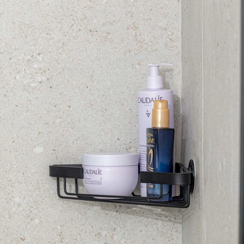BATHROOM CORNER SHELVES STANCE WITH DOUBLE SIDED STICKER 25x17x6.5cm  BLACK